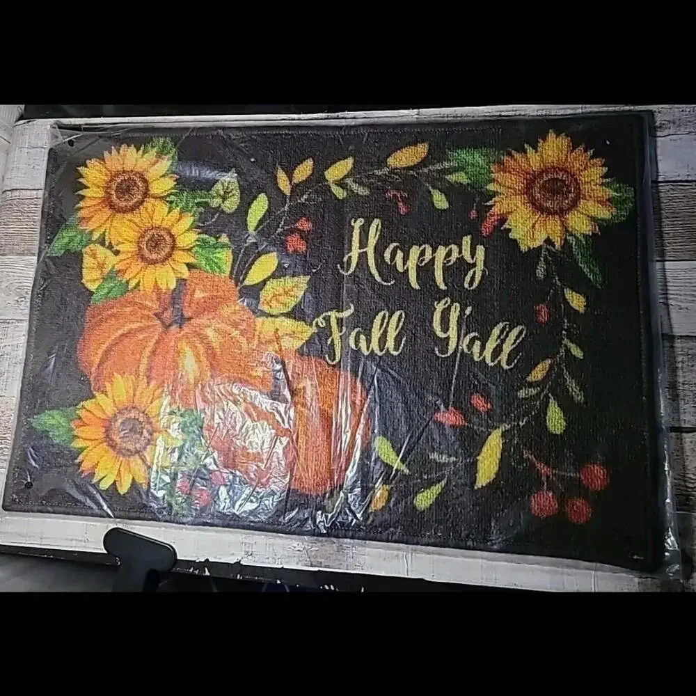 Happy Fall Y'all Slip Resistant Mat Pumpkins Sunflowers Autumn Leaves 24x16.